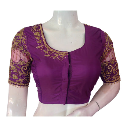 Opulent Purple: Knot & Net Aari Handwork Wedding Silk Saree Blouse