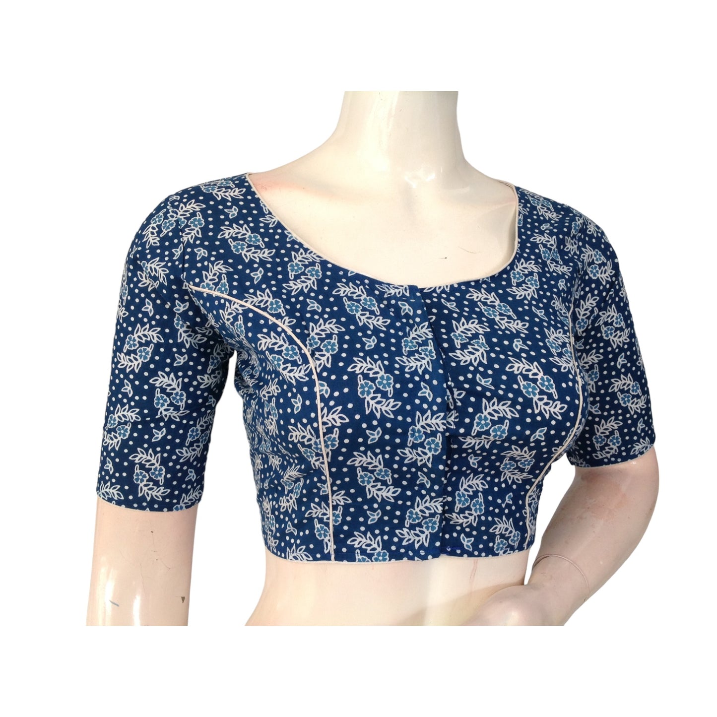 Celestial Hues: Blue Cotton High Neck Blouse for Sarees