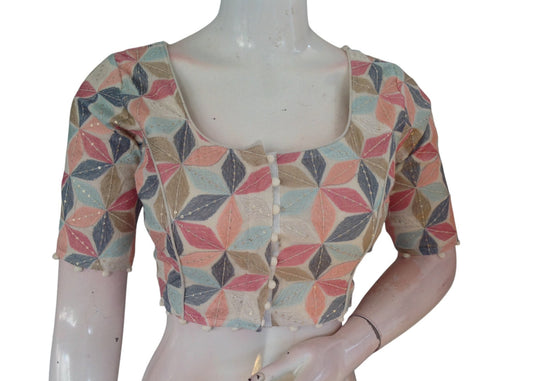 Elegant Khadi Cotton Thread Embroidered Ready made Saree Blouse