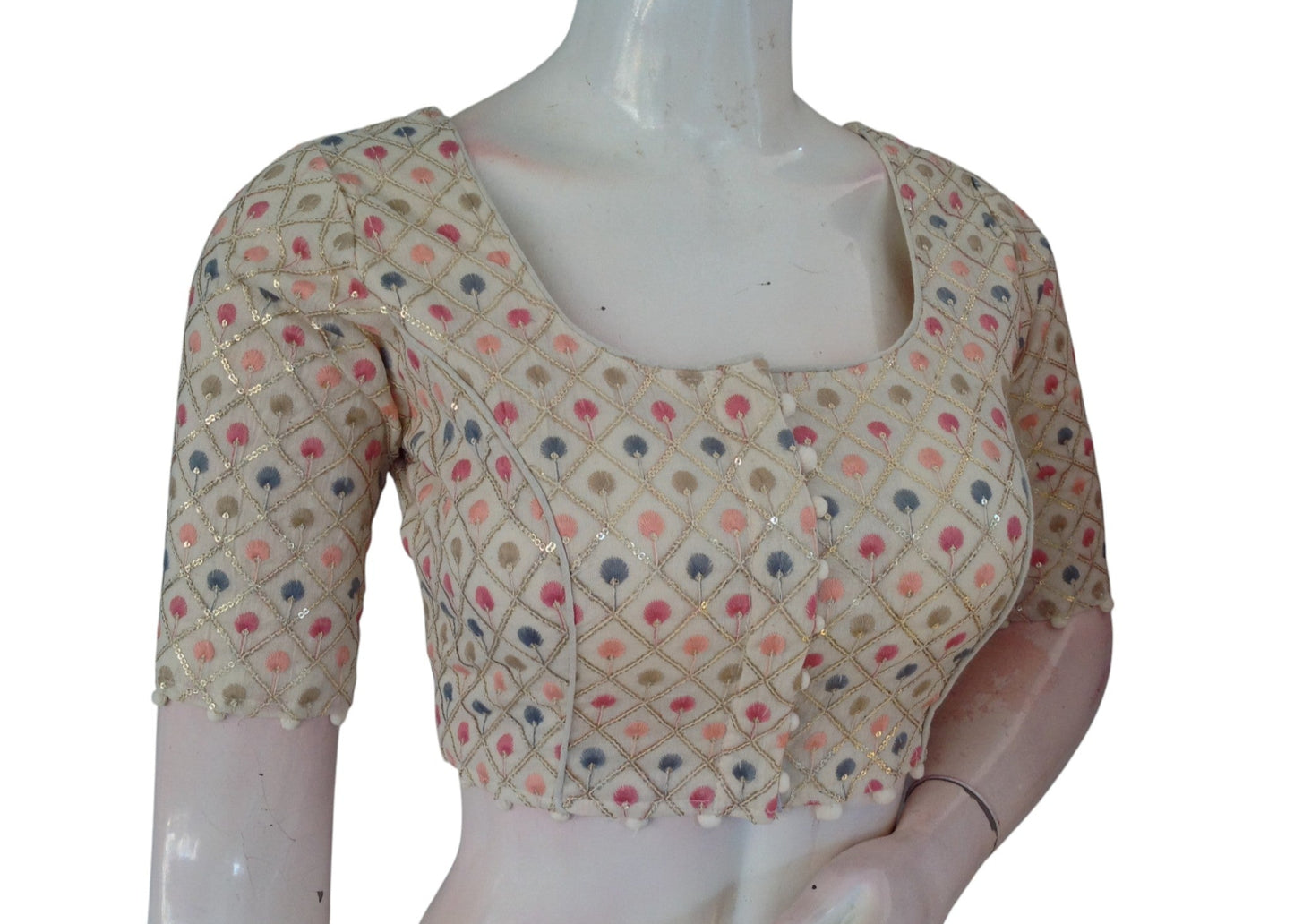 Elegant Khadi Cotton Blouse with Sequins & Thread Embroidery Readymade Top