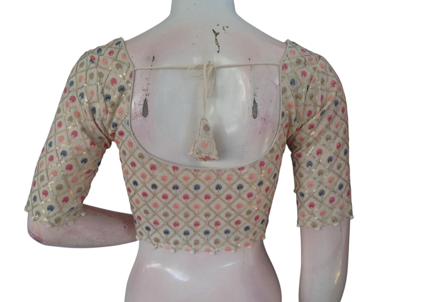 Elegant Khadi Cotton Blouse with Sequins & Thread Embroidery Readymade Top