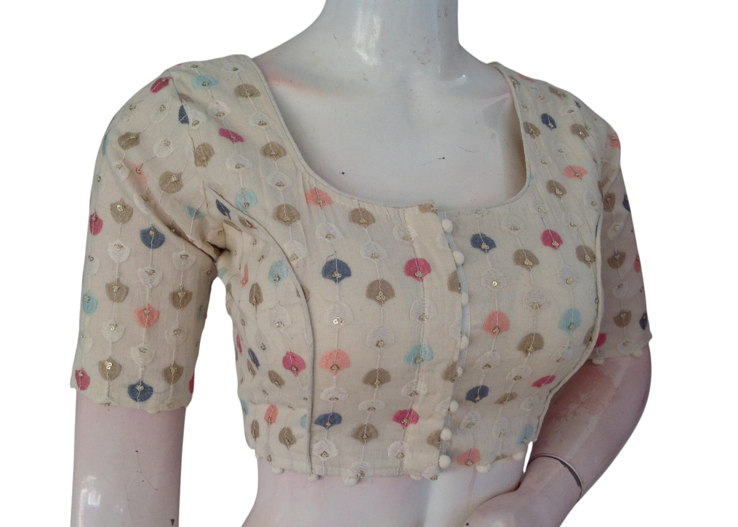 Handwoven Khadi Cotton Readymade Blouse: Sequined Floral Embroidery