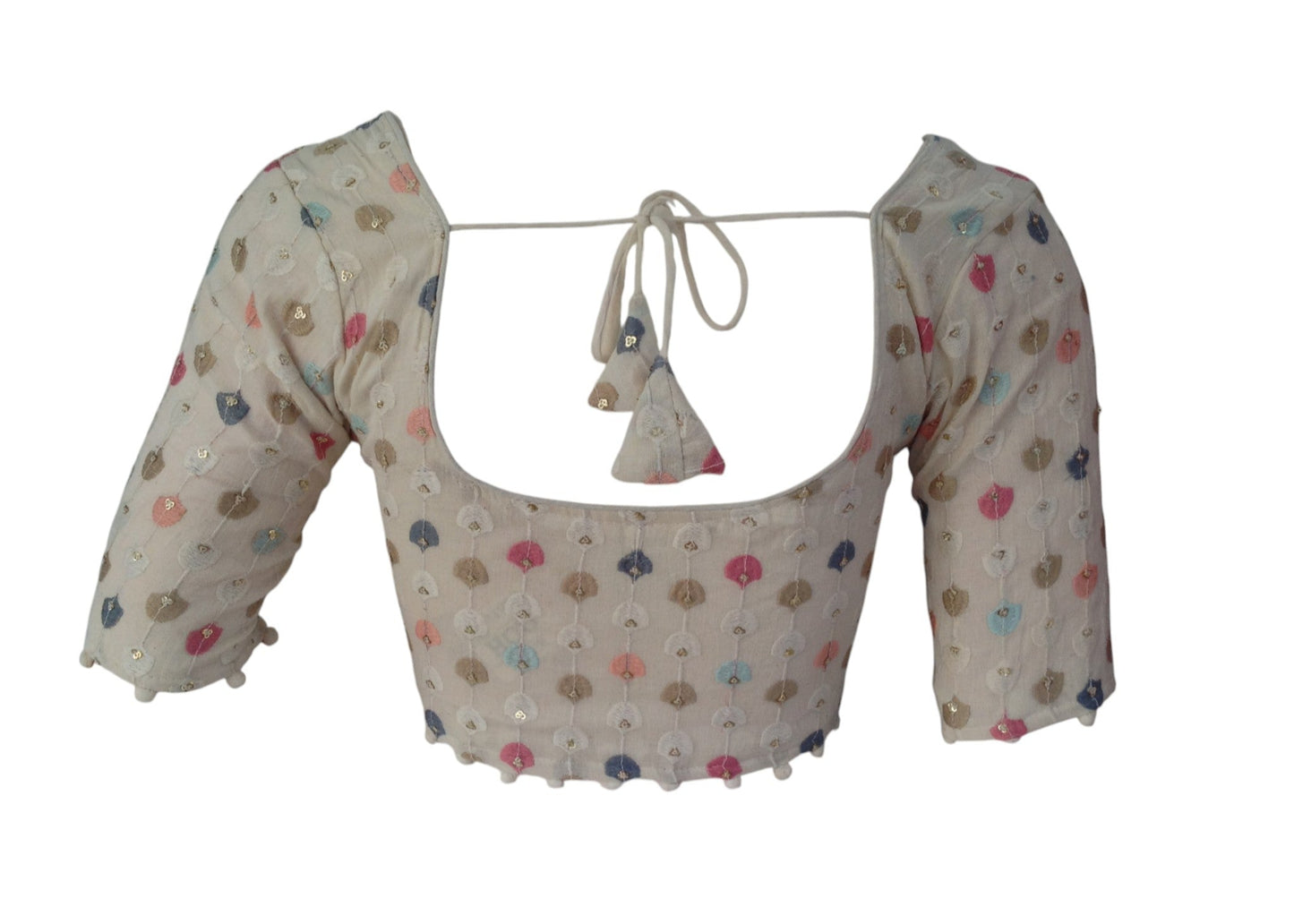 Handwoven Khadi Cotton Readymade Blouse: Sequined Floral Embroidery