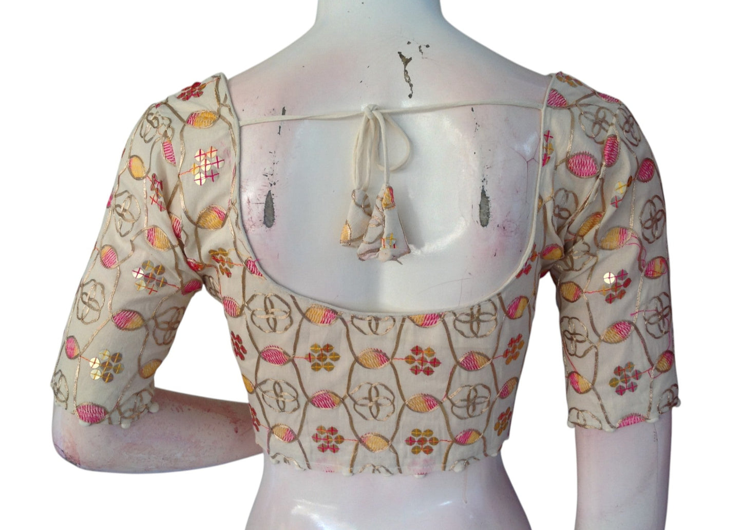Sunset Bloom" Khadi Cotton Blouse: Floral Sequins & Thread work