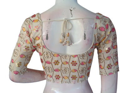 Sunset Bloom" Khadi Cotton Blouse: Floral Sequins & Thread work