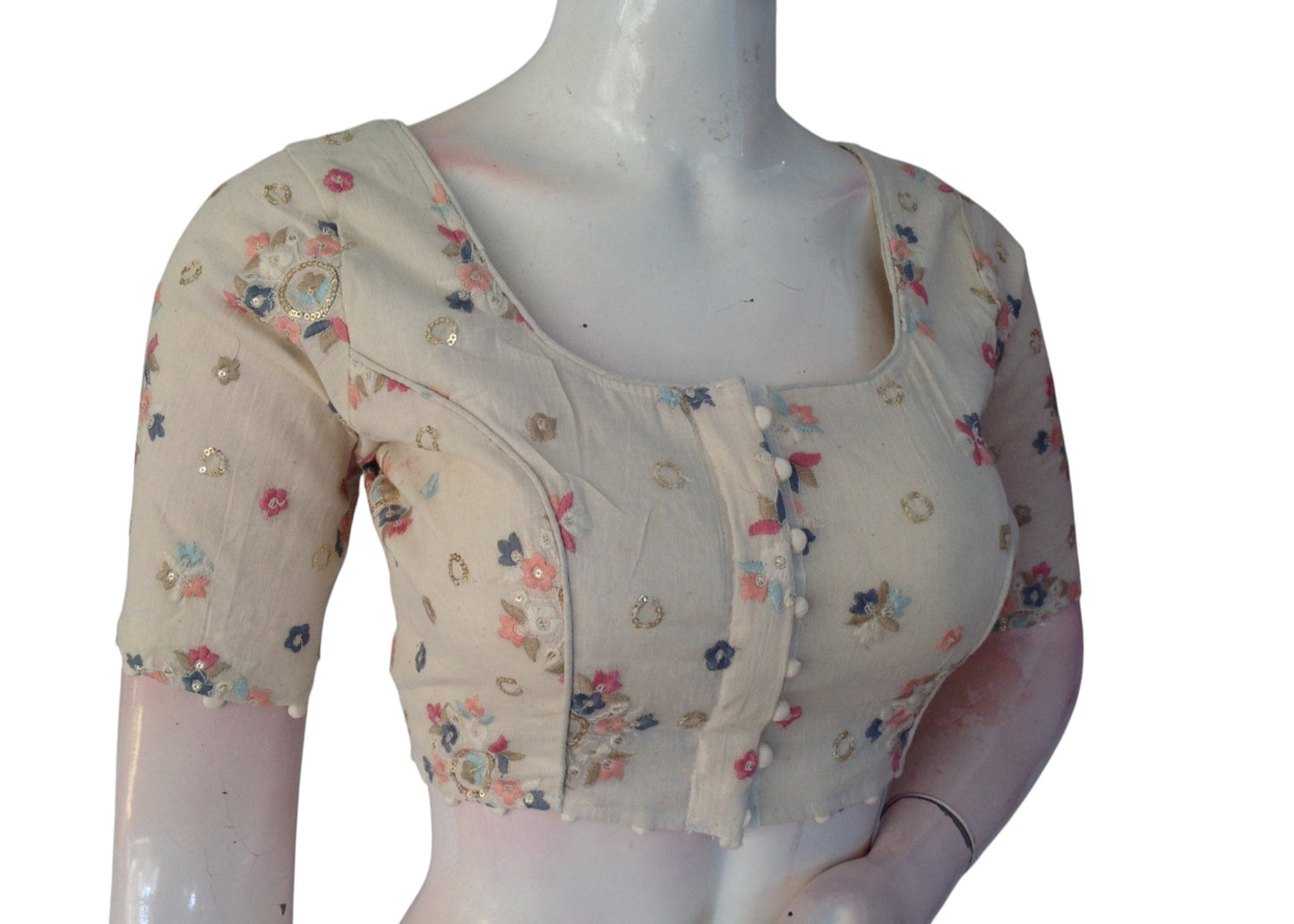 Whispering Petals Khadi Cotton Readymade Blouse: Subtle Sequined Detailing