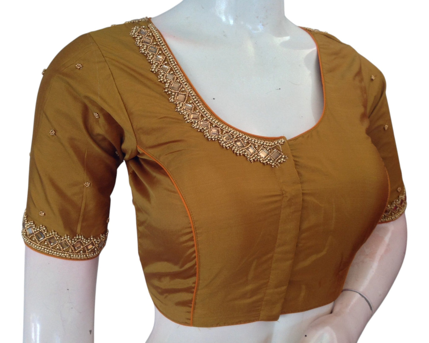 Rich Dark Mustard Gold Silk Bridal Blouse - Handcrafted Aari Mirror, Custom Fit