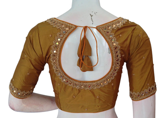 Rich Dark Mustard Gold Silk Bridal Blouse - Handcrafted Aari Mirror, Custom Fit