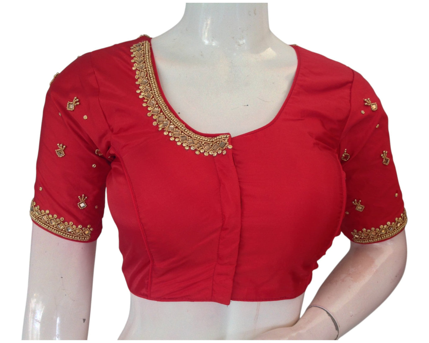 Bridal Red Color Aari Mirror Handwork Wedding Silk Blouse - Designer Creation