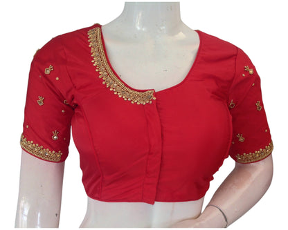 Bridal Red Color Aari Mirror Handwork Wedding Silk Blouse - Designer Creation