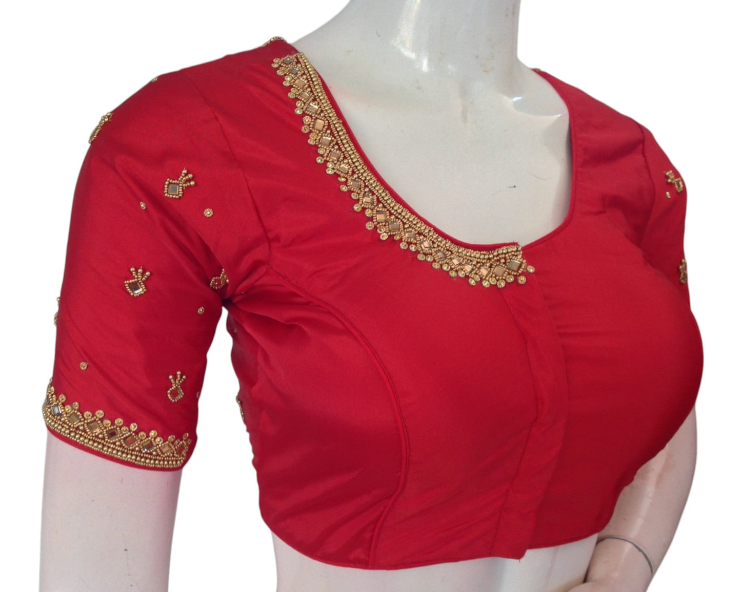 Bridal Red Color Aari Mirror Handwork Wedding Silk Blouse - Designer Creation