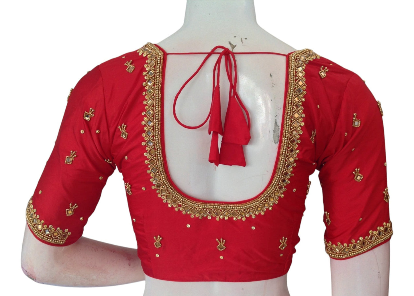 Bridal Red Color Aari Mirror Handwork Wedding Silk Blouse - Designer Creation