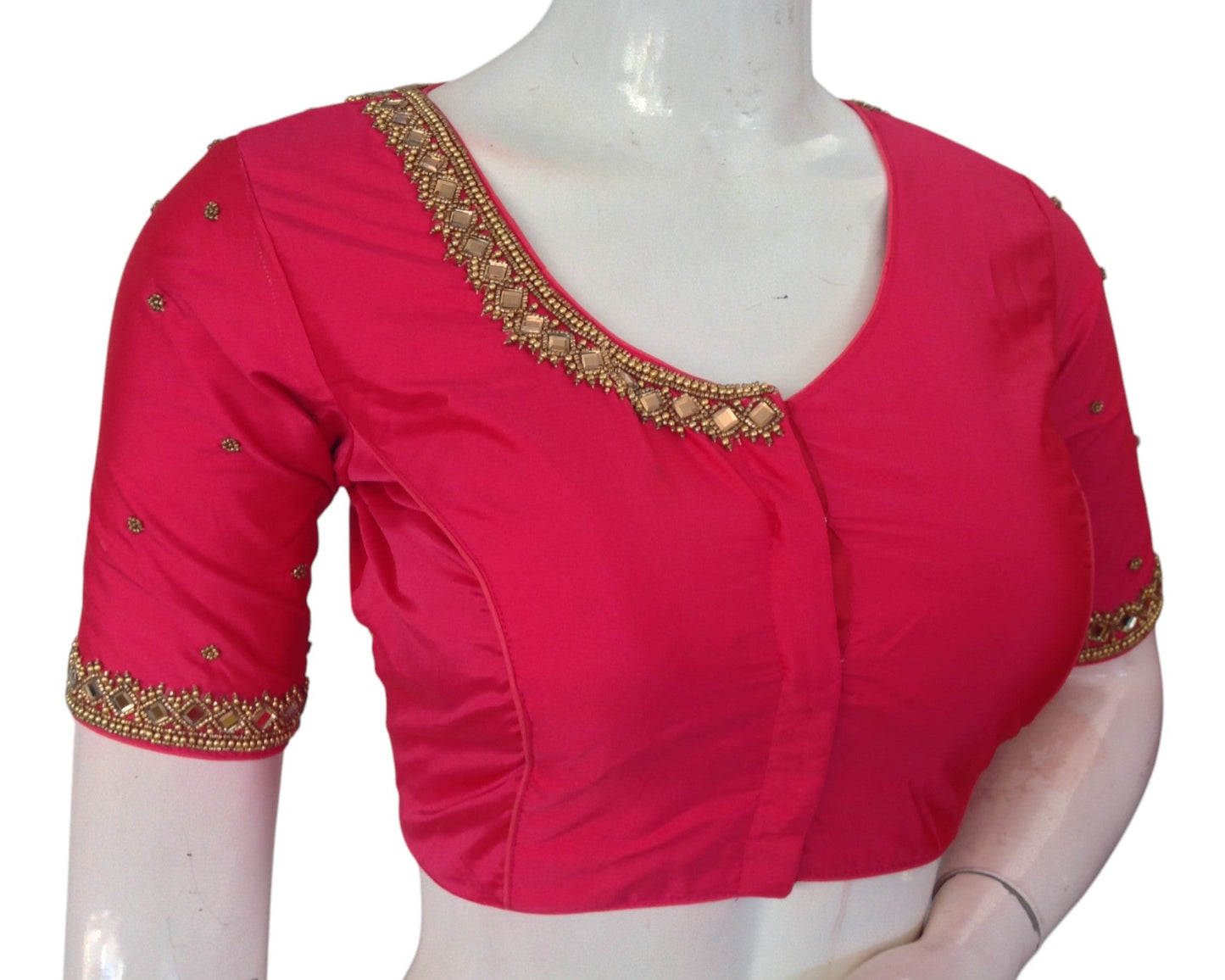 Bridal Peach Pink Silk Blouse: Mirror Aari Embellished Masterpiece