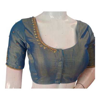 Teal Blue Splendor: Tissue Silk Aari Handwork Wedding Saree Blouse