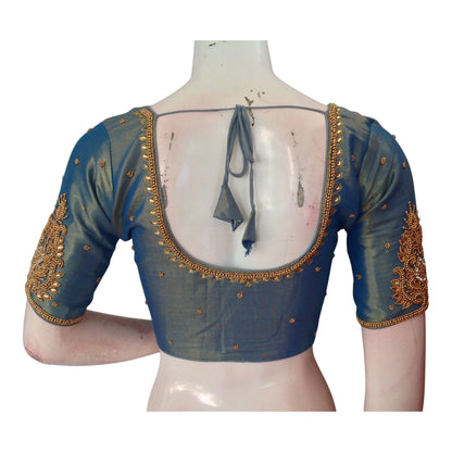 Teal Blue Splendor: Tissue Silk Aari Handwork Wedding Saree Blouse