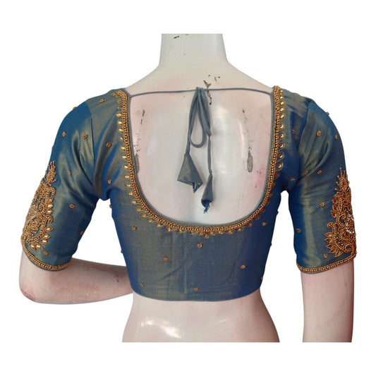 Teal Blue Splendor: Tissue Silk Aari Handwork Wedding Saree Blouse