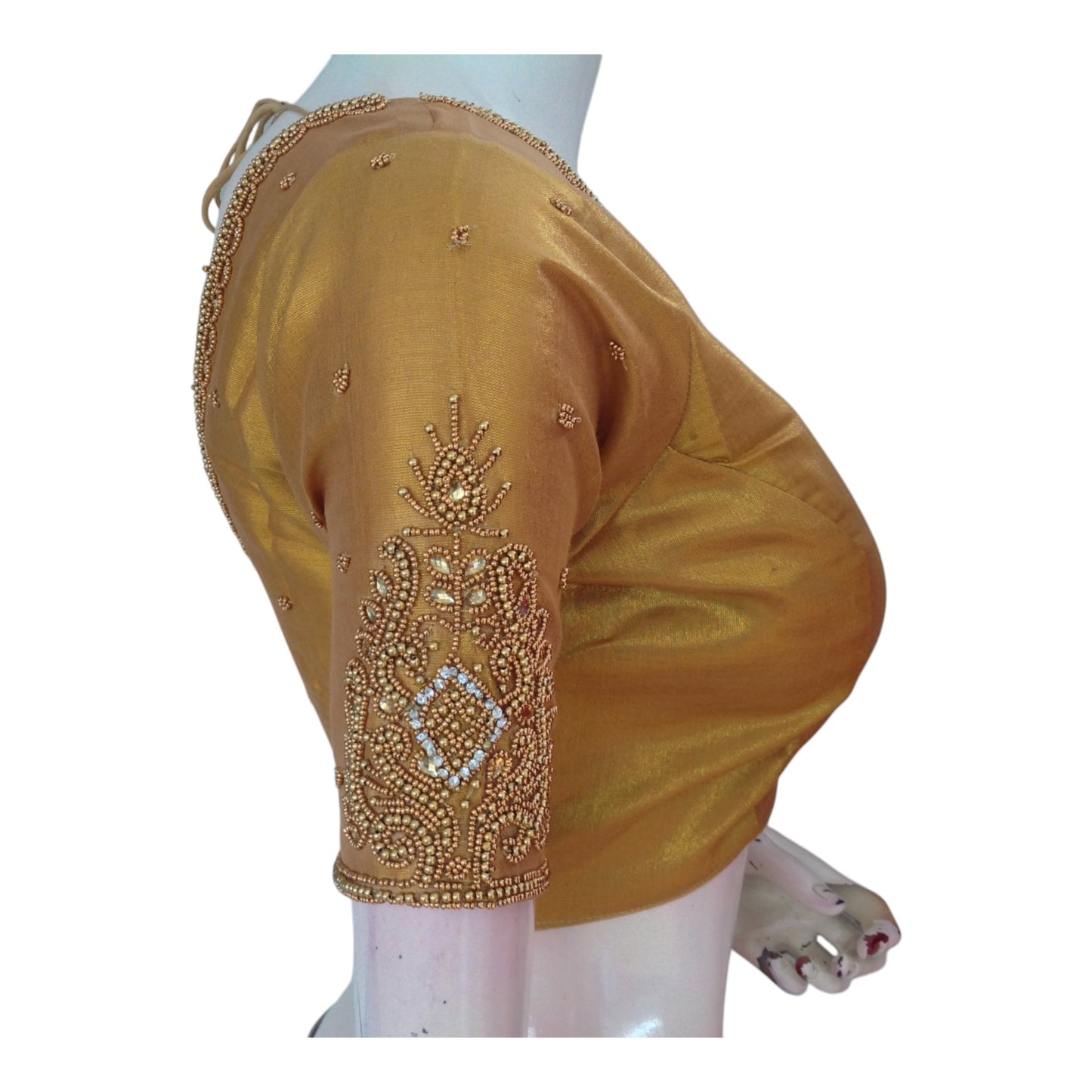 Luxurious Tissue Gold Silk Saree Blouse with Detailed Aari Handwork