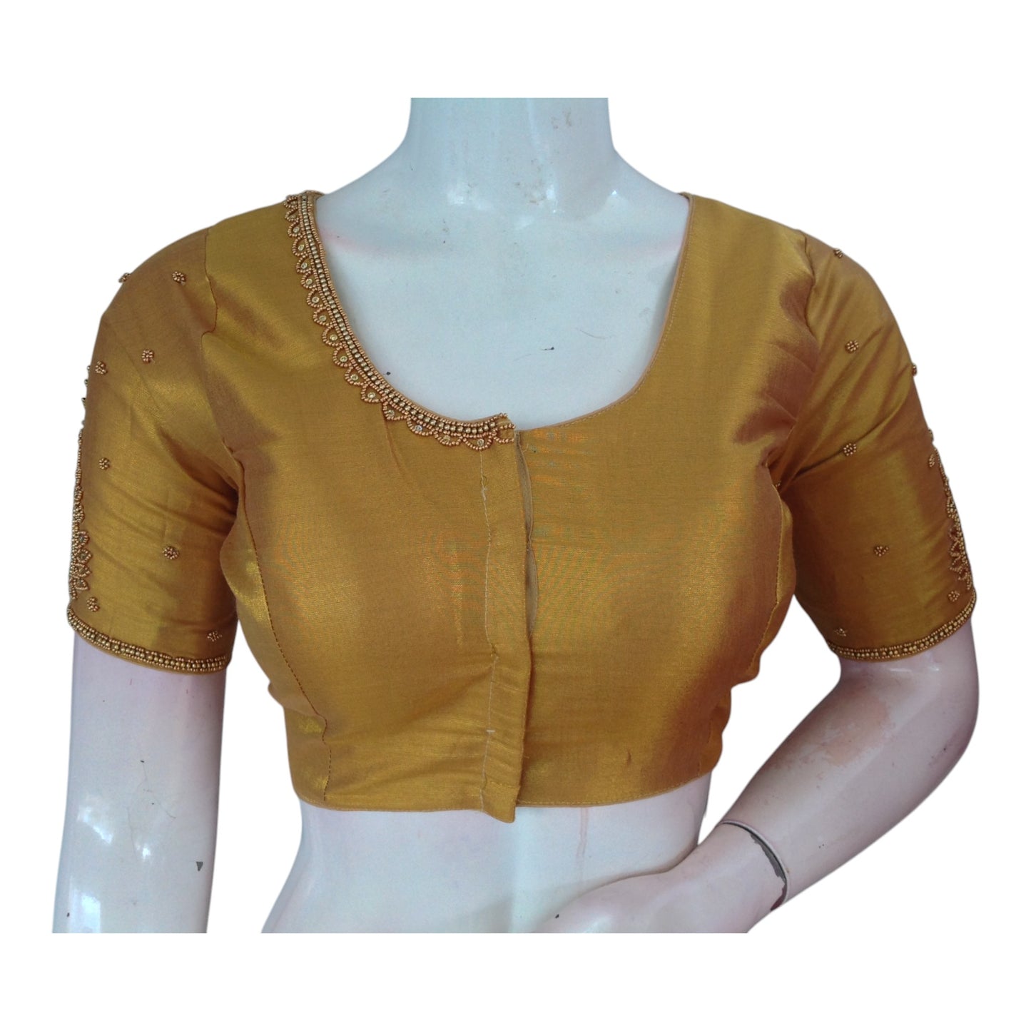 Luxurious Tissue Gold Silk Saree Blouse with Detailed Aari Handwork