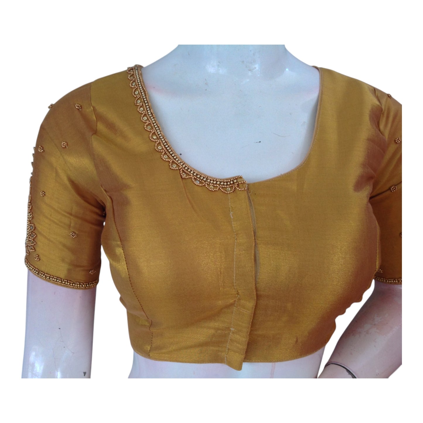Luxurious Tissue Gold Silk Saree Blouse with Detailed Aari Handwork