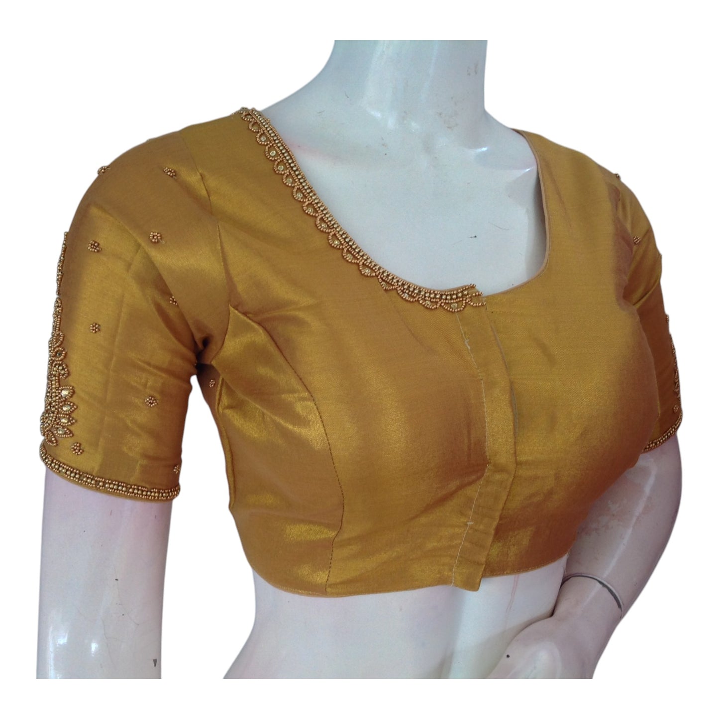 Luxurious Tissue Gold Silk Saree Blouse with Detailed Aari Handwork
