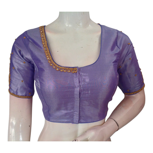 Dreamy Lavender Tissue Silk Blouse with Intricate Aari Work - D3 Blouses