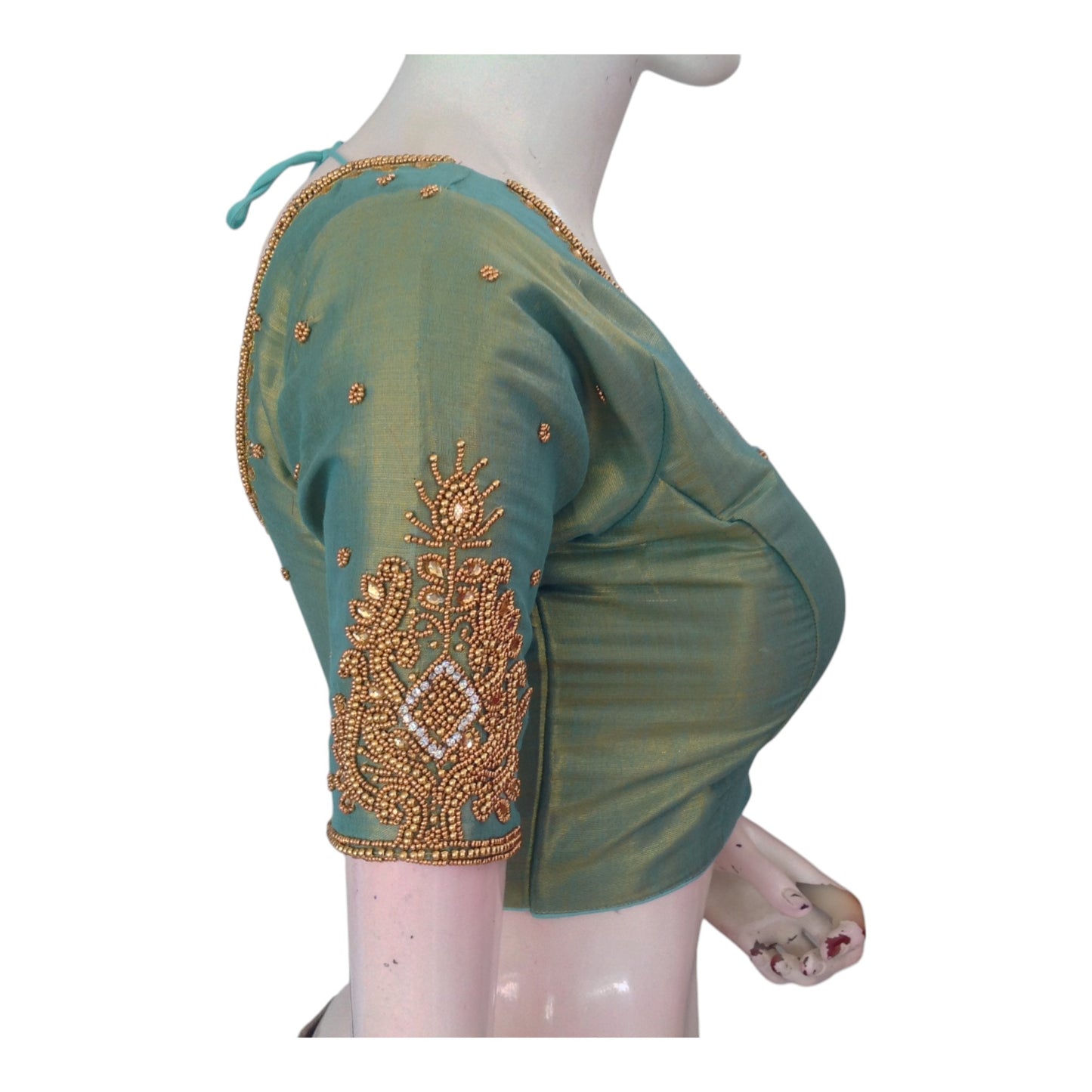 Serene Teal Green Tissue Silk Blouse with Intricate Aari Work - D3 Blouses