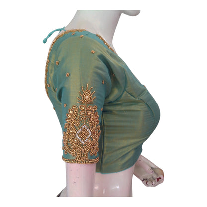 Serene Teal Green Tissue Silk Blouse with Intricate Aari Work - D3 Blouses