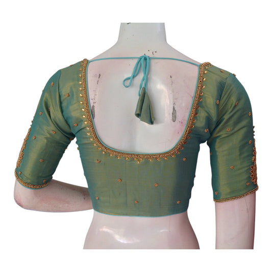 Serene Teal Green Tissue Silk Blouse with Intricate Aari Work - D3 Blouses