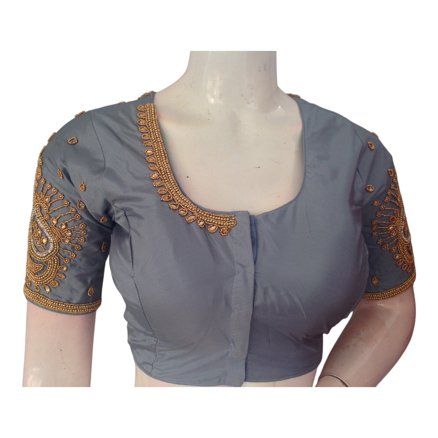 Sophisticated Grey Color Aari Handwork Wedding Silk Saree Blouse
