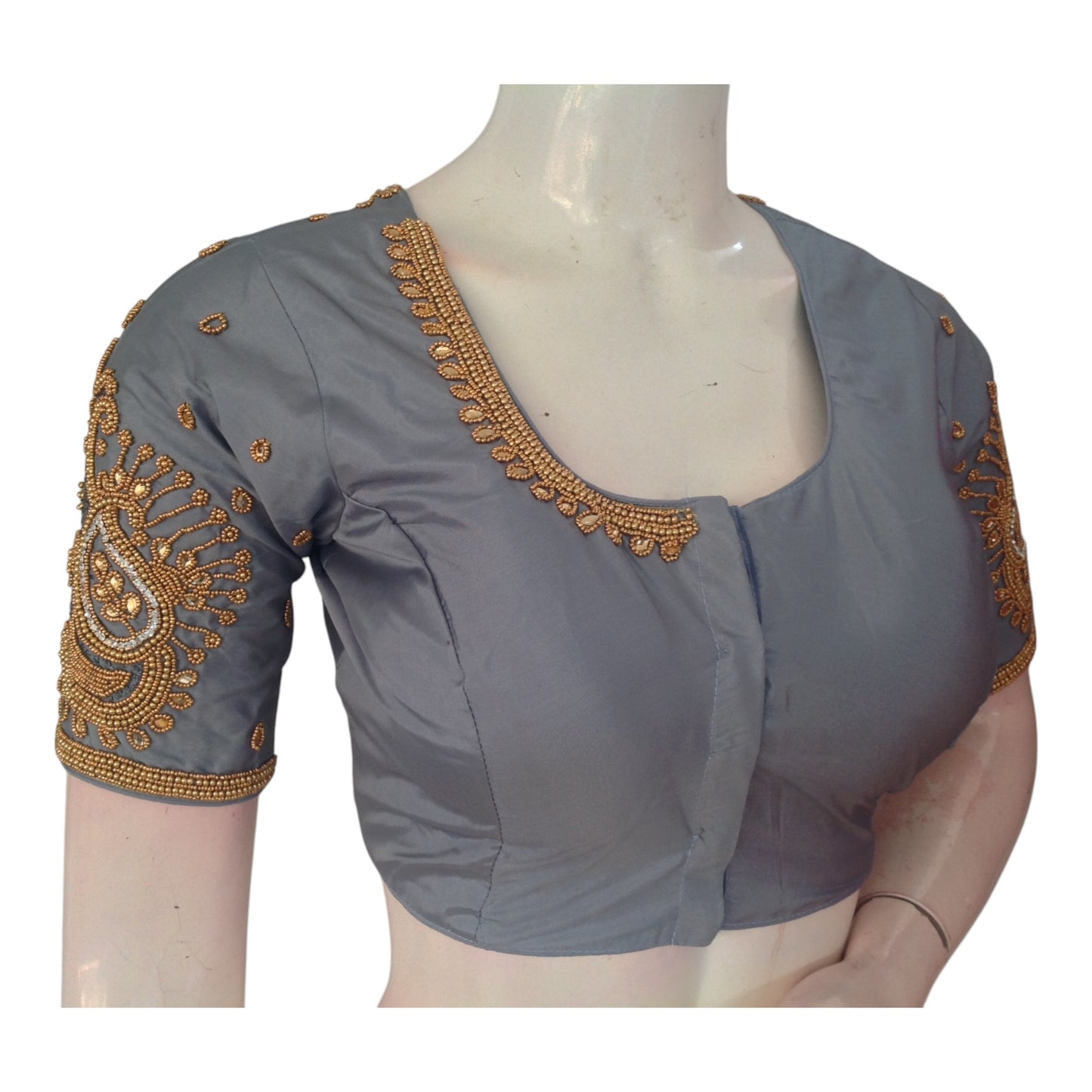 Sophisticated Grey Color Aari Handwork Wedding Silk Saree Blouse