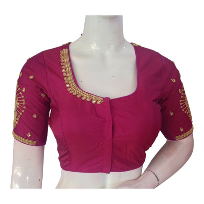 Radiant Saffron Color Aari Handwork Wedding Silk Saree Blouse