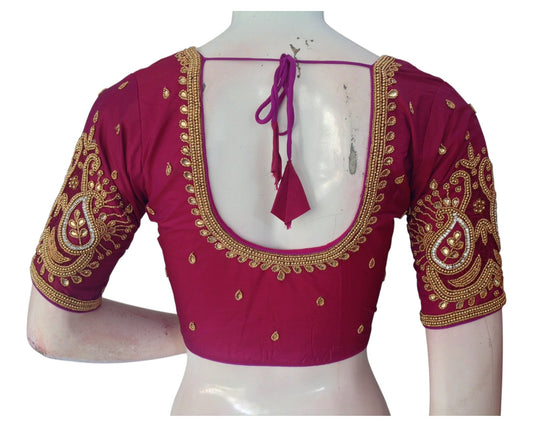 Radiant Saffron Color Aari Handwork Wedding Silk Saree Blouse