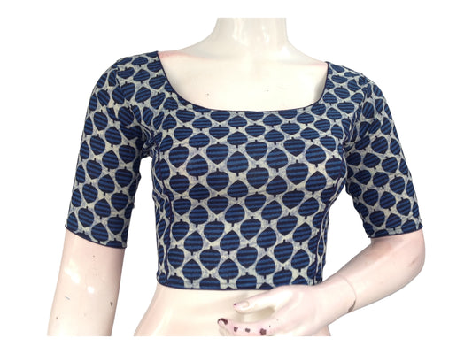 Indigo Blue Cotton High Neck Saree Blouse | Ready made Indian Blouse