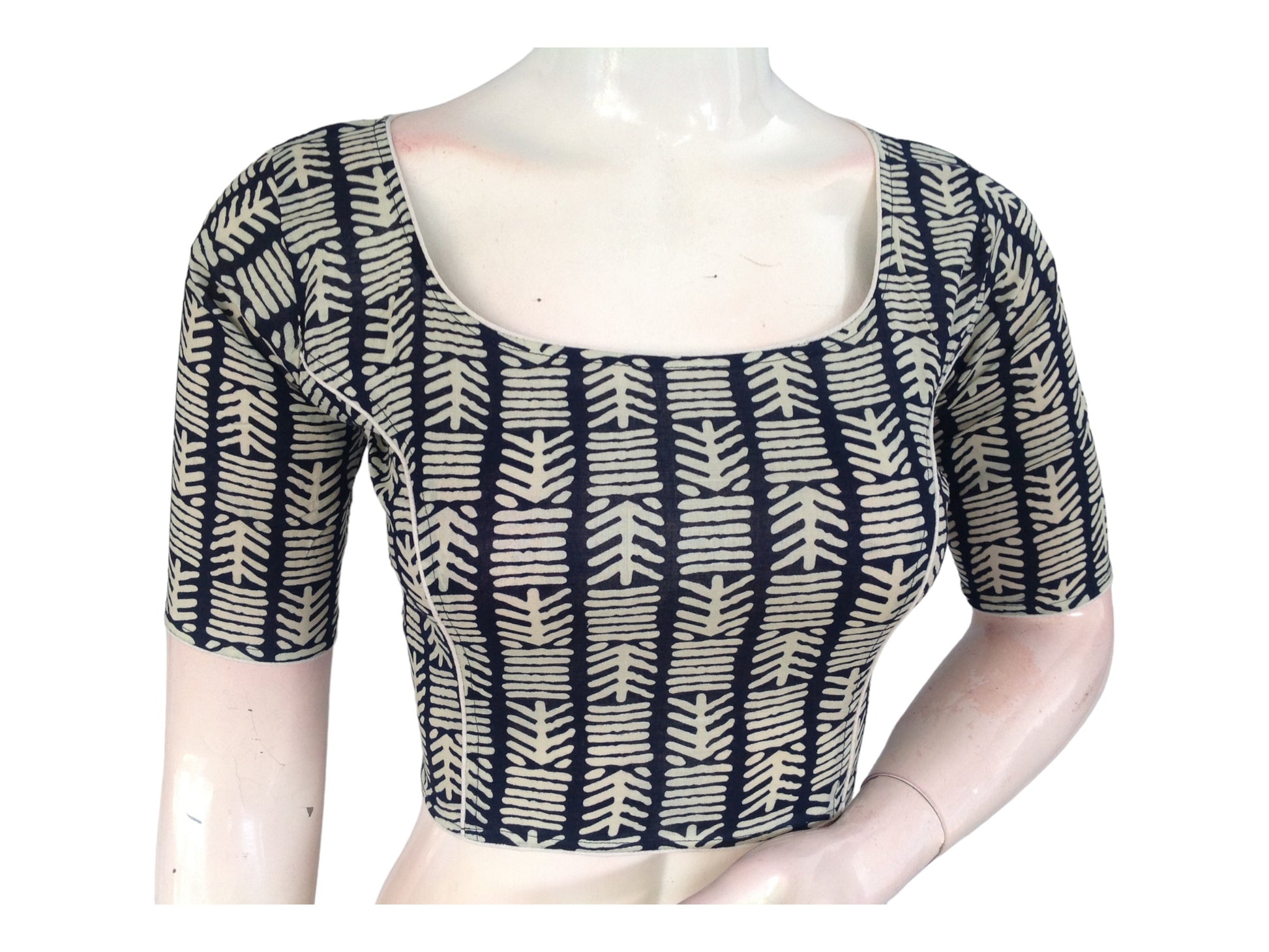 Navy Blue Boat Neck Saree Blouse | Hand loom Cotton Ready made Saree Blouse | Made in India