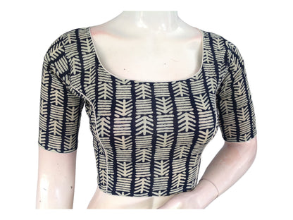 Navy Blue Boat Neck Saree Blouse | Hand loom Cotton Ready made Saree Blouse | Made in India