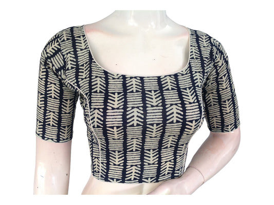 Navy Blue Boat Neck Saree Blouse | Hand loom Cotton Ready made Saree Blouse | Made in India
