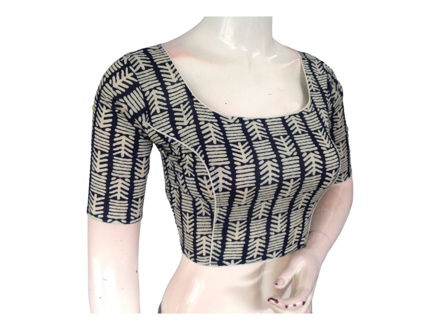 Navy Blue Boat Neck Saree Blouse | Hand loom Cotton Ready made Saree Blouse | Made in India