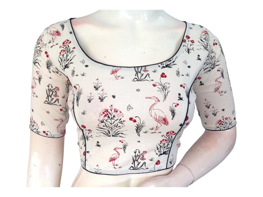 Off-White Cotton High Neck Saree Blouse | Ready made Blouse