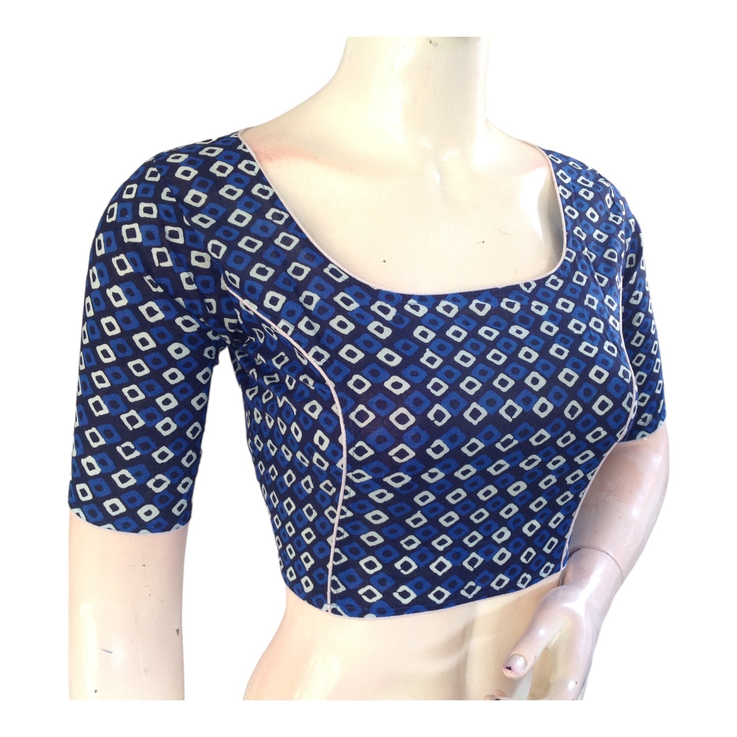 Chic Navy Blue Cotton Blouse | Boat Neck Design | Ready-to-Wear | Perfect for Sarees and More