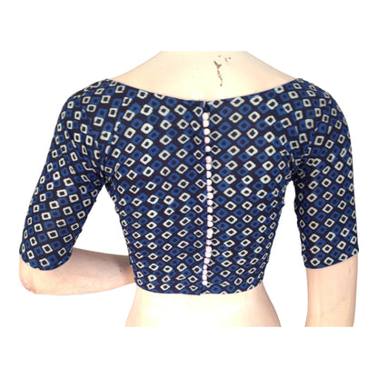Chic Navy Blue Cotton Blouse | Boat Neck Design | Ready-to-Wear | Perfect for Sarees and More