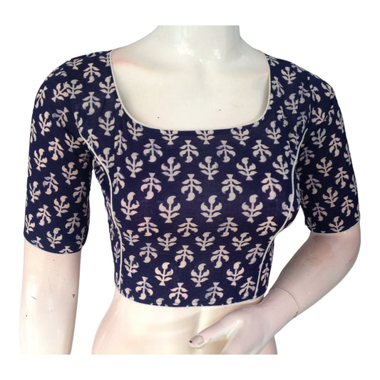 Timeless Navy Blue Cotton High Neck Blouse | Ready made Saree Essential