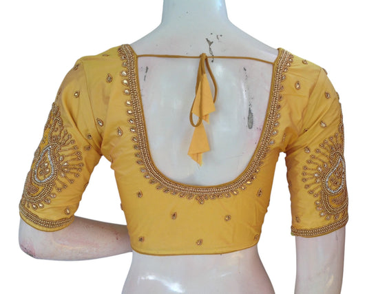 Luminous Yellow Color Aari Handwork Wedding Silk Saree Readymade Blouse