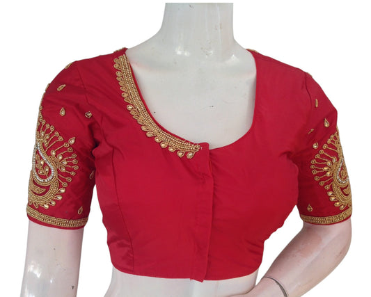 Trendy Maroon Aari Handwork Bridal Silk Saree Ready made Blouse
