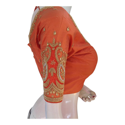 Elegant Terracotta Aari Handwork Wedding Silk Saree Readymade Blouse