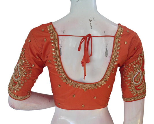 Elegant Terracotta Aari Handwork Wedding Silk Saree Readymade Blouse