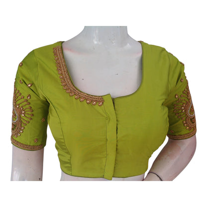 Elegant Parrot Green Aari Handwork Wedding Silk Saree Readymade Blouse