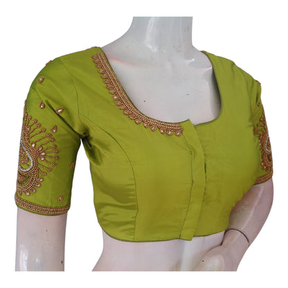 Elegant Parrot Green Aari Handwork Wedding Silk Saree Readymade Blouse