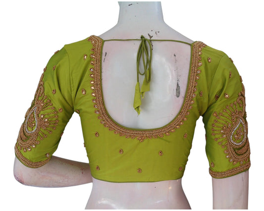 Elegant Parrot Green Aari Handwork Wedding Silk Saree Readymade Blouse