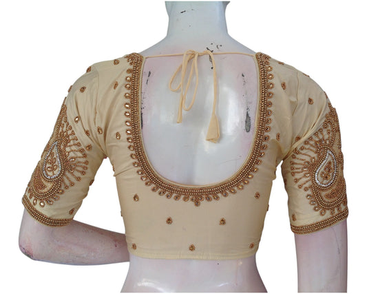 Epitome of Elegance: Cream Aari Handwork Bridal Silk Saree Readymade Blouse