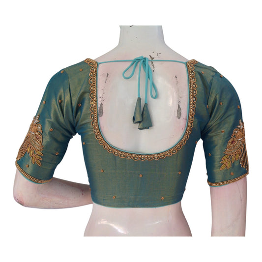 Elegant Teal Green Aari Handwork Tissue Silk Wedding Blouse - D3 Blouses